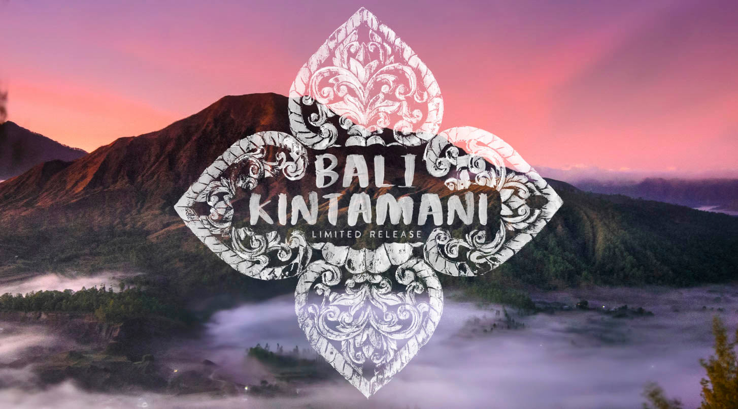 Bali Blue Moon coffee promo with an ornate design over a misty mountain sunrise, highlighting its limited release